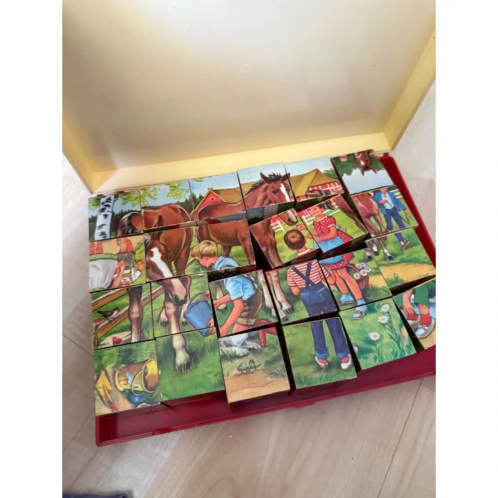 Childrens vintage 1950 Wooden Picture Block Puzzle‎ and Case made in Germany
